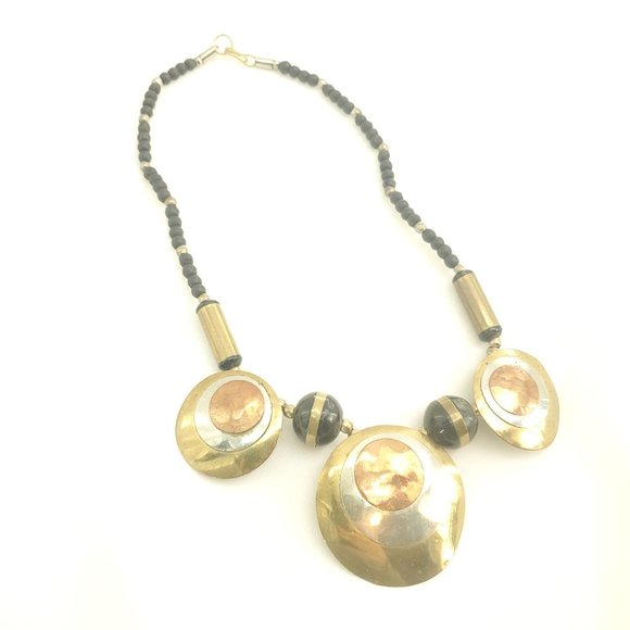 Womens Black Beads Hammered Circular Discs Bronze Metal Statement Necklace - Picture 7 of 14